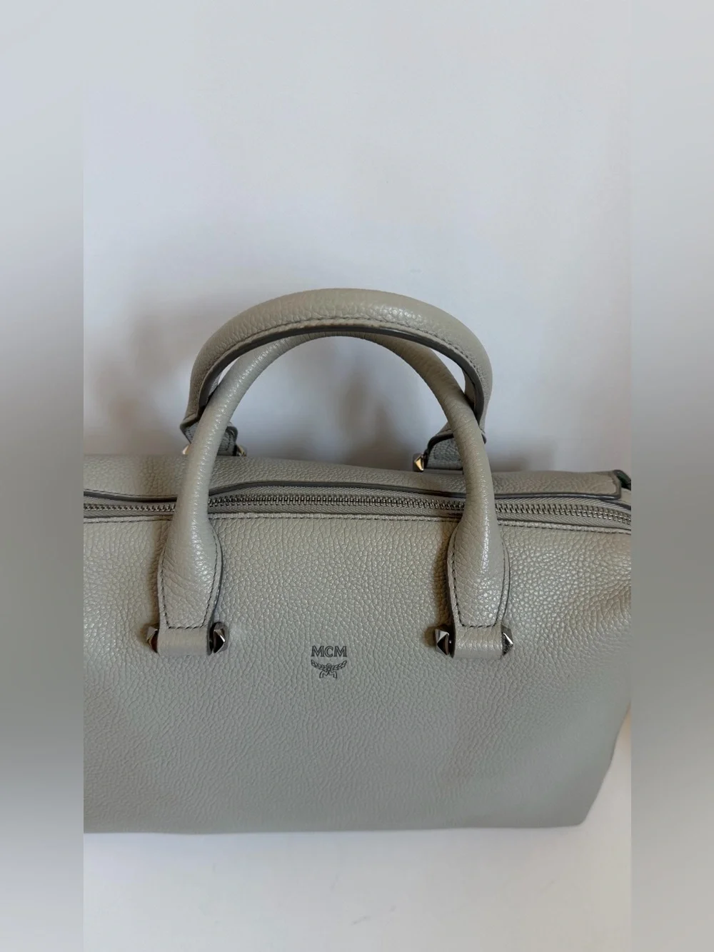 MCM Light Grey Pebbled Leather Satchel